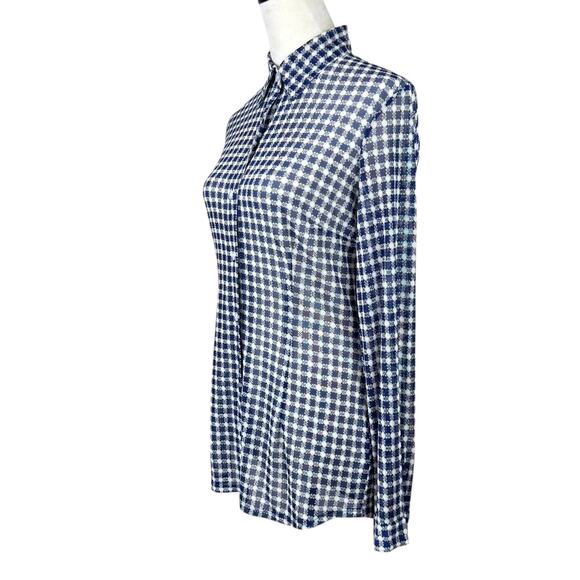 Cabi 736 Blue & Cream Geometric Print Sheer Mesh Long Sleeve Button Up Blouse - Picture 3 of 13